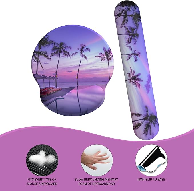 eulps Mouse Pad Wrist Support, Ergonomic Memory Foam Keyboard Wrist Pad & Gel Wrist Rest Set for Computer Keyboard for Easy Typing for Office & Home (Mauve Twilight Set)