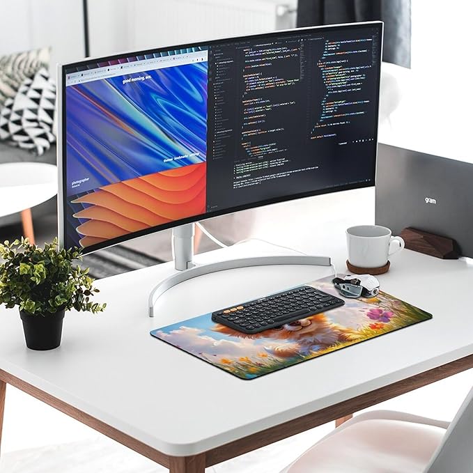 Large Ergonomic Gaming Mouse Pad Charming Fluffy Dog in Bright Meadow - Cute Pet Theme with Non-Slip Base Water-Resistant Surface and Stitched Edges 30x60cm