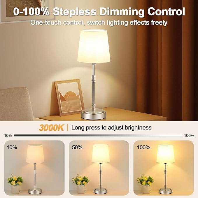 Cordless Table Lamps Set of 2 – Battery Operated Lamp with 7500mAh Rechargeable Battery, Stepless Dimmable Vintage Brushed Nickel Touch Desk Lamps for Dining Room, Nightstand & Patio (Bulbs Included)