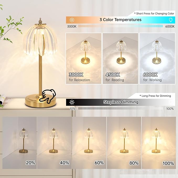Tulip Table Lamp with 5000mAh Battery & Touch Control, Cordless Table Lamp with 3 Colors, Dimmable Rechargeable Table Lamps for Bedroom, Nightstand, Living Room, Entryways (Transparent Tulip)