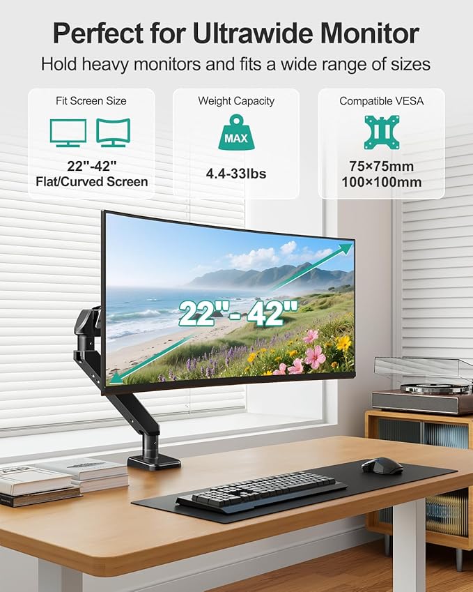 MOUNT PRO Ultrawide Single Monitor Arm for 22"- 42" Screens, Monitor Desk Mount Stand Holds up to 33 lbs, Heavy Duty Fully Adjustable Gas Spring Desk Mount, VESA Mount with Clamp/Grommet Base