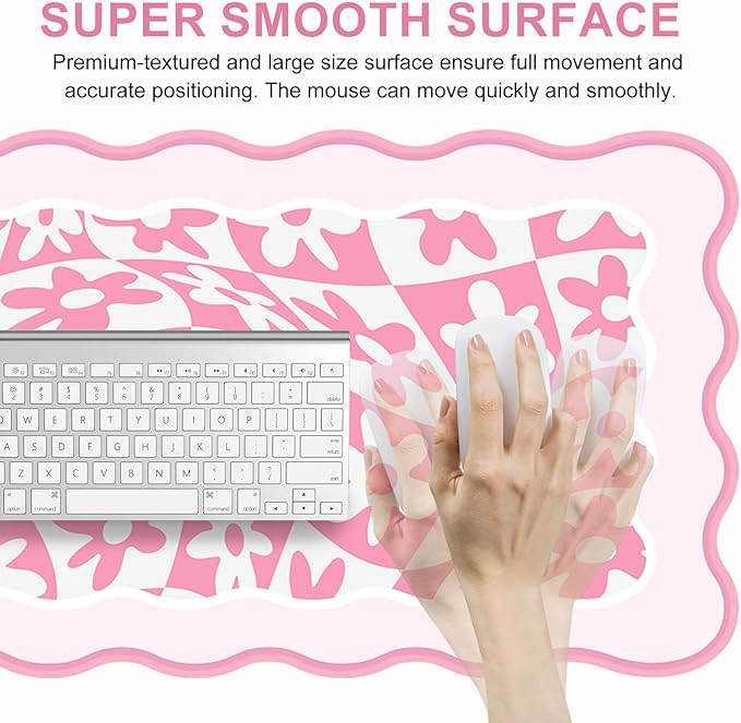 L-SPOUTTO Pink Mouse Pad,Retro Desk Mat XXL Large Scalloped Gaming Mousepad,35.4x15.7in Non-Slip Rubber Base Keyboard Pad Waterproof Desktop Mat for Laptop Computer Work Game Home Office-Pink Daisy