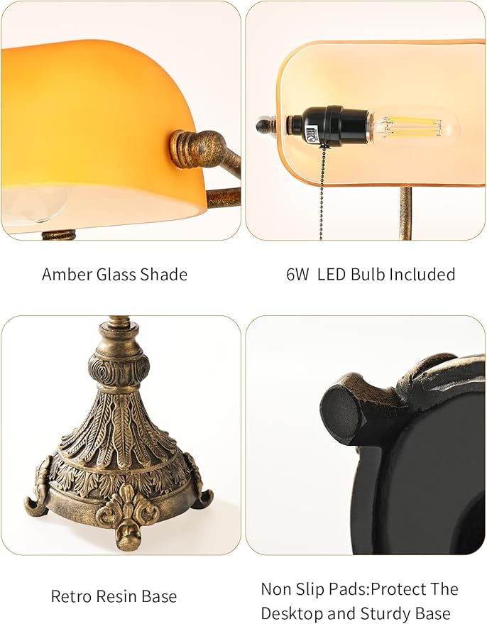 Newrays Vintage Amber Glass Bankers Desk Lamp for Home Office,Library with Pull Chain Switch Plug in Fixture, LED Bulb Included