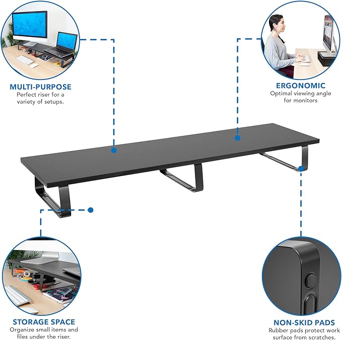 Mount-It! 39" Extra Long Dual Monitor Stand Riser – Ergonomic Desk Organizer for 2 Monitors, Laptop, TV, or Printer – Heavy-Duty Steel & Wood Desktop Shelf with Storage – Supports 44 Lbs – Black