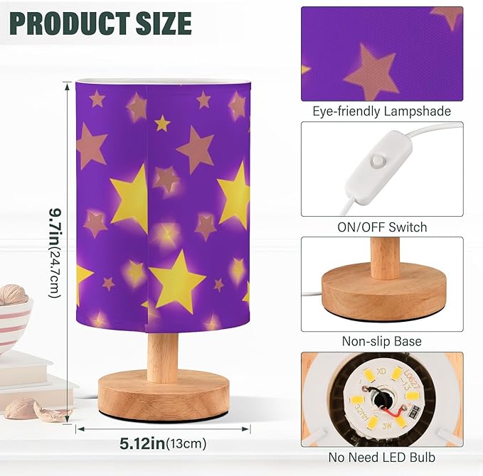 Purple Star LED Table Lamp, Bedside Lamp with Linen Lampshade, Flicker-Free Eye Care USB Plug in Nightstand Lamp, for Bedroom and Office