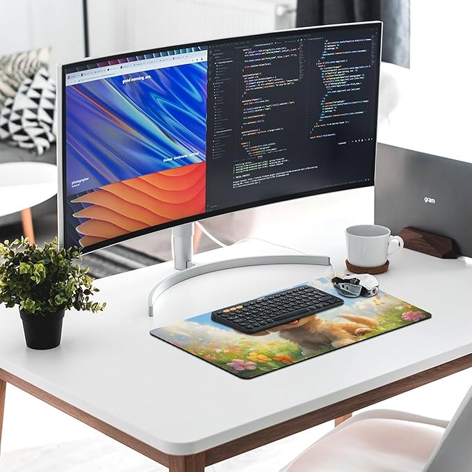 Large Ergonomic Gaming Mouse Pad Happy Puppy in Sunny Field - Lovable Dog Theme with Non-Slip Base Water-Resistant Surface and Stitched Edges 30x60cm