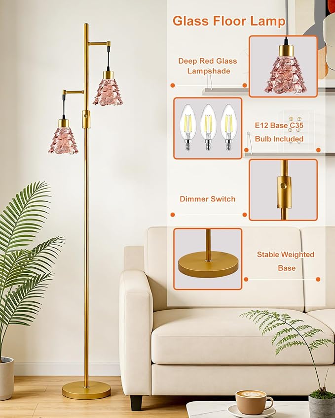 2-Light Glass Floor Lamp, Gold Tall Standing Lamps Dimmable with Rose Red Glass Lampshade, 3000K Warmwhite Mid Century Modern Floor Lamp for Living Room/Bedroom/Sofa Beside/Home Decor