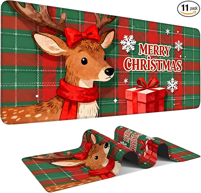Merry Christmas - Elk Extended Gaming Mouse Pad 35.4x15.7Inch Large Desk Mat Anti-Slip Rubber Base & Durable Stitched Edges for Gamers Smooth Mouse Writing Surface for Desk Office/Home