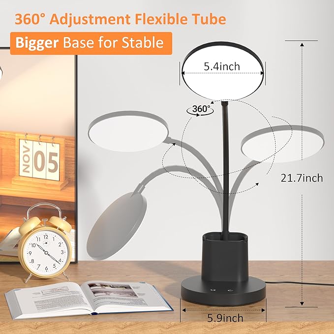 Desk Lamp, LED Desk Lamps for Home Office, Touch Table Lamp with 3 Color Modes 360° Adjustable Arm, Dimmable Desk Light with Pen Phone Holder, Black