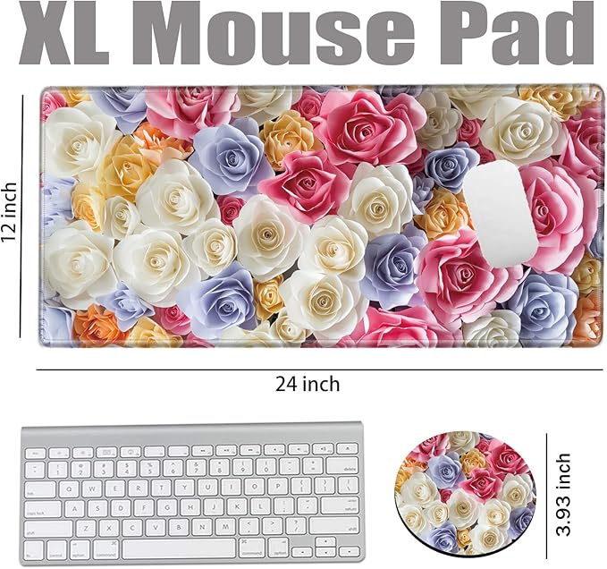 XL Mouse Pad Gaming Desk Mat for Desktop Extended Mousepad Pink Rose Desk Pad 24x12 Computer Mat Large Mouse Pads for Wireless Mouse Office Laptop Accessories Gift