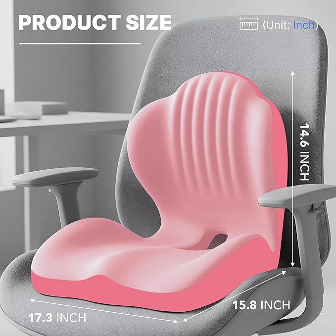 Ergonomic Seat Cushion, Office Chair Seat Cushions with L-Shaped Integrated Design, Memory Foam Orthopedic Cushion with Coccyx Hollow, Lumbar Support & Tailbone Support for Long Sitting (Pink)