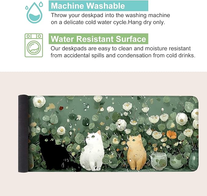 Desk Mat, XXL Extended Gaming Pad for Desktop, 31x12 Inches Floral Cats with Three Kittens, Large Non-Slip Vegan Leather Keyboard Mouse Mat for Home Office