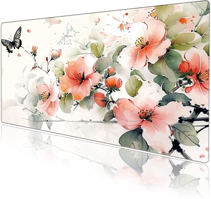 Flower and Butterfly Desk Protector, Stitched Edges Mouse Mat, Large Office Mat, Non-Slip Blotter, Laptop Pad, Writing Pad for Office and Home (31.5" x 15.7")