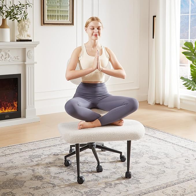 Ergonomic Cross Legged Chair for ADHD, Meditation Chair with 360° Swivel Wheels, Kneeling Office Chair with Back Support, Strong Lumbar Support, Teddy Fabric, White