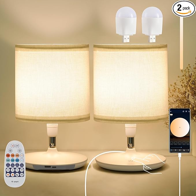 Table Lamps Set of 2 with USB C+A Ports, Table Lamp for Living Room Bedroom, Bedside Lamps for Nightstand with 2 Dimmable LED Bulbs Included