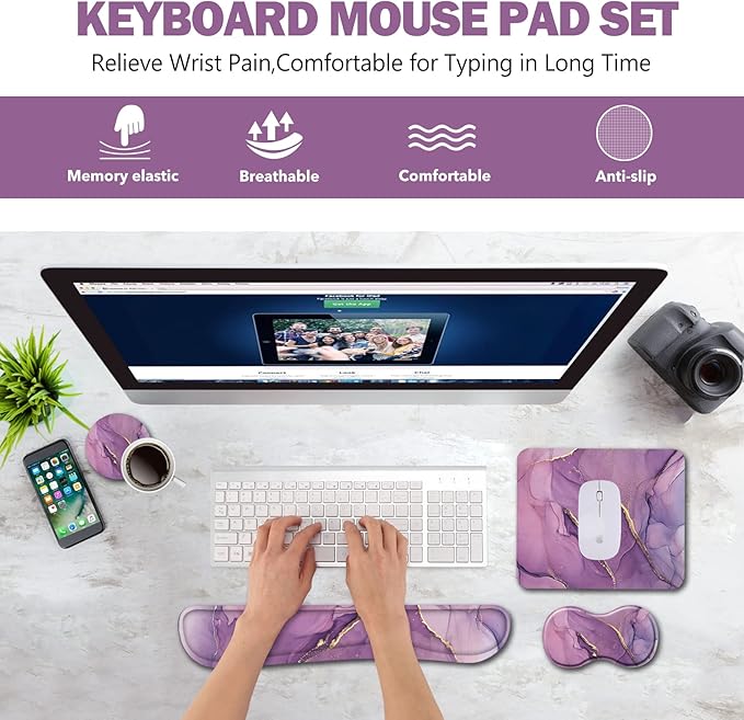 AIMSA Keyboard Wrist Rest Support + Mouse Pad + Mouse Wrist Rest + Coaster, Ergonomic Memory Foam Anti-Slip Rubber Base 4 PCS Set Easy Typing Pain Relief, Purple Marble