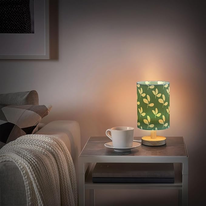 Green Leaf LED Table Lamp, Bedside Lamp with Linen Lampshade, Flicker-Free Eye Care USB Plug in Nightstand Lamp, for Bedroom and Office