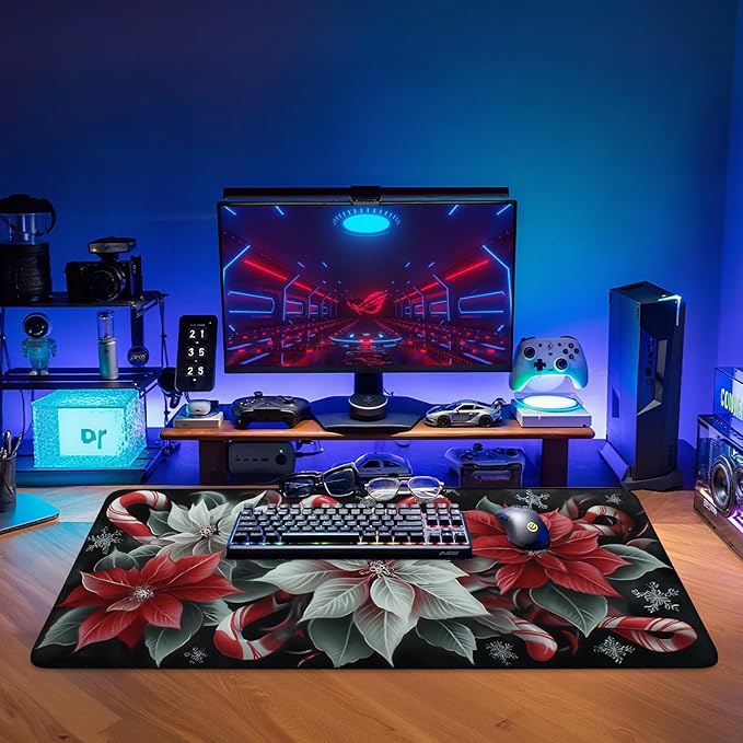 Christmas Flowers Extended Gaming Mouse Pad 35.4x15.7Inch Large Desk Mat Anti-Slip Rubber Base & Durable Stitched Edges for Gamers Smooth Mouse Writing Surface for Desk Office/Home