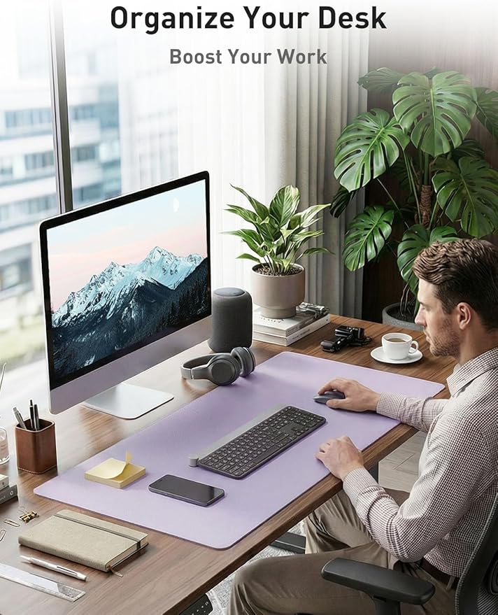Aothia Faux Leather Desk Mat - Non-Slip PU Leather Desk Blotter, Waterproof Writing Surface, Large Desk Pad for Office & Home (Lavender, 55" x 24")