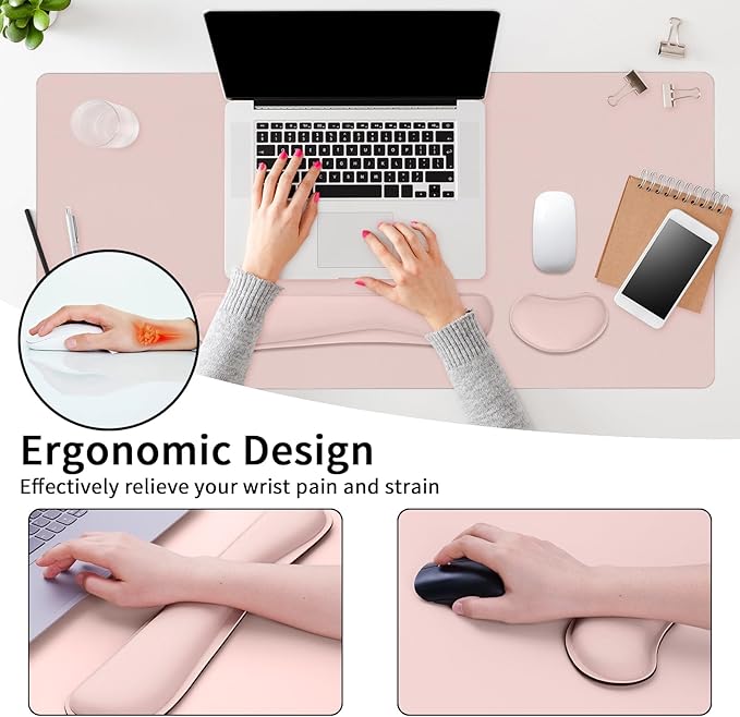 Mouse Pad and Keyboard Wrist Rest, Large Keyboard and Mouse Pad Set, Ergonomic Mousepad with Wrist Rest, Non-Slip Desk Mat Protector for Office, Home (35.4×15.7 Inches, Pink)