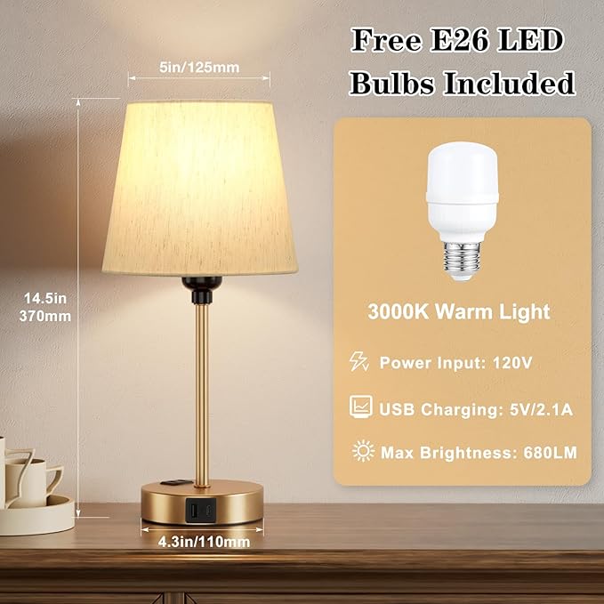 Acaxin Lamp for bedrooms Set of 2 - Nightstand Bedroom Lamp with USB C Port and AC Outlet Charging, 3 Way Dimmable Touch Control Bed Side Table Lamp, Small Night Stand Light for Kids/Guest Room