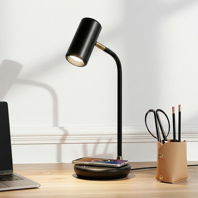 Brightech Ezra Office Desk Lamp – Wireless Charging Pad and Temperature Changing Light Options – Living Room Table Lamp for Mid-Century, Art Deco, Contemporary Décor - Black