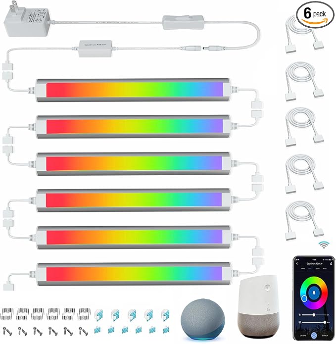 Smart Under Cabinet Lighting White & Multicolor LED Strip Lights Dimmable Works with Alexa,Google Home,Smart APP Remote Control RGB Kitchen Lamp Plug in for Under Counter Light Fixtures,6pcs
