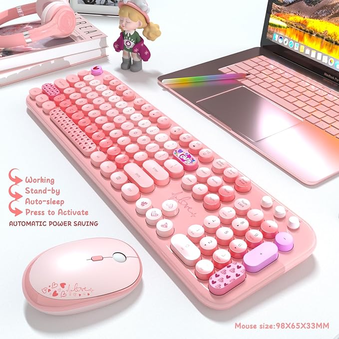 Wireless Keyboard and Mouse Combo, 104 Round Keys Full-Size Cute Colorful Pink Cordless Keyboard and Mouse with Retro Typewriter for PC/Mac/Laptop/Tablet/Computer/Windows Pink