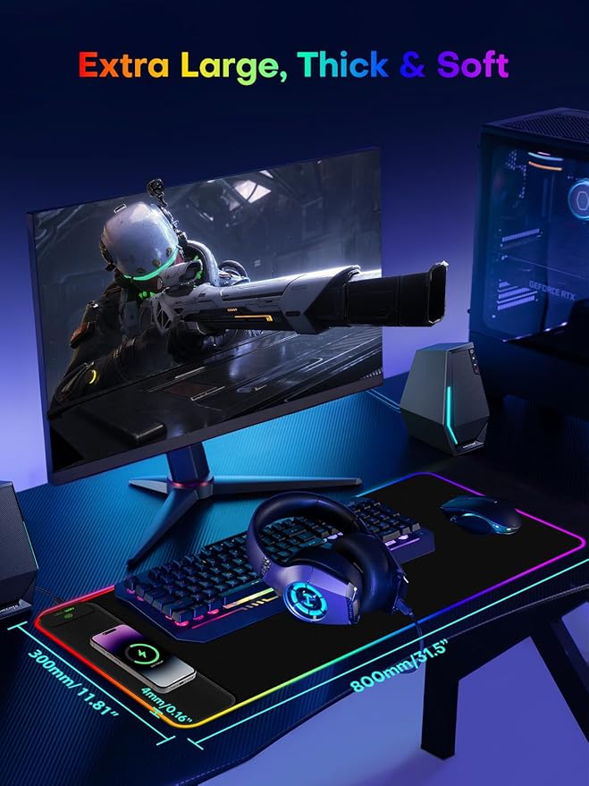 2-in-1 RGB Gaming Mouse Pad with Wireless Charging, 31.5"x11.8" Large, 24 Light Effects, Non-Slip Base, Waterproof Ultra-Smooth Surface, No Adapter