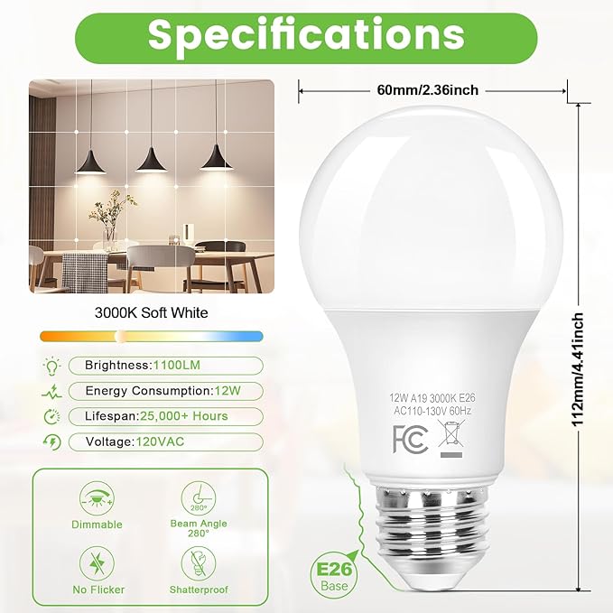 Brightever A19 LED Light Bulbs, 100 Watt Equivalent Light Bulbs Dimmable, Warm White 3000K, 1100 Lumens, Energy Efficient 12W, 4-Pack