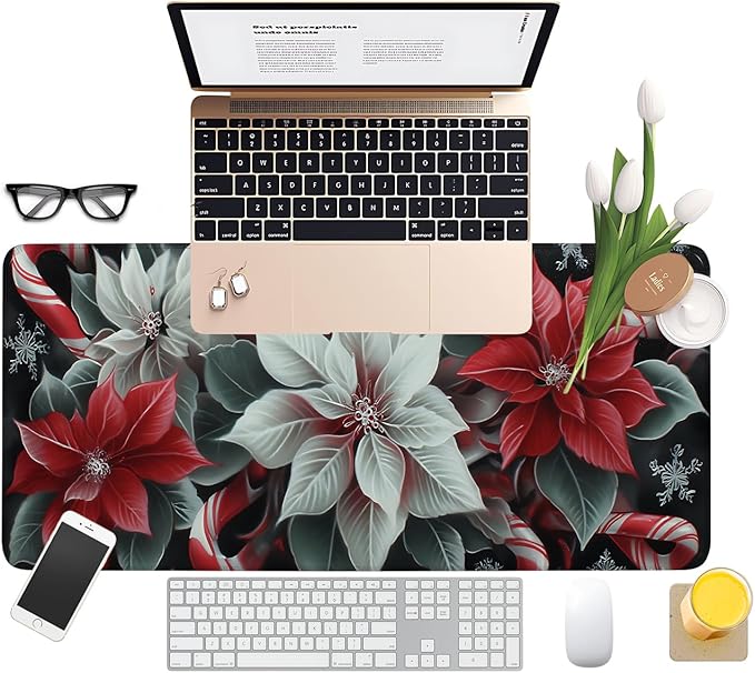 Christmas Flowers Extended Gaming Mouse Pad 31.5x11.8inches Large Desk Mat Anti-Slip Rubber Base & Durable Stitched Edges for Gamers Smooth Mouse Writing Surface for Desk Office/Home