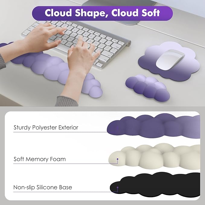 MoKo Cloud Wrist Rest, Ergonomic Cloud Keyboard Wrist Rest with Mouse Rest Wrist Pad, Durable Polyester Cloud Arm Rest Wrist Pad for Keyboard and Mouse for Office, Gaming, Computer, Laptop, Purple