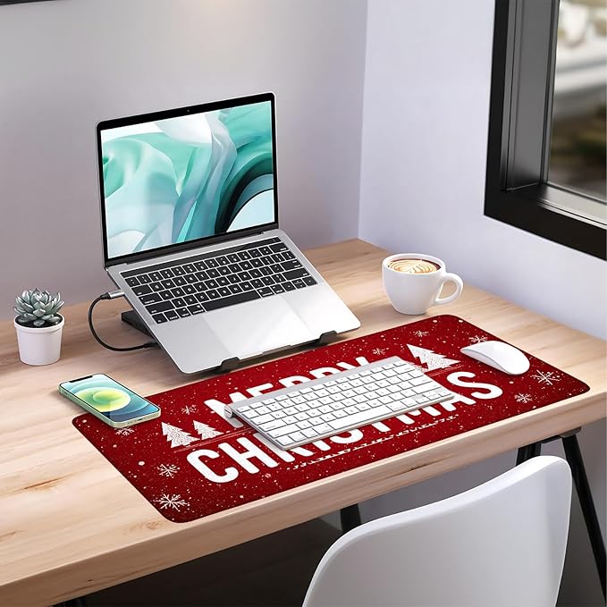 Merry Christmas Extended Gaming Mouse Pad 35.4x15.7Inch Large Desk Mat Anti-Slip Rubber Base & Durable Stitched Edges for Gamers Smooth Mouse Writing Surface for Desk Office/Home