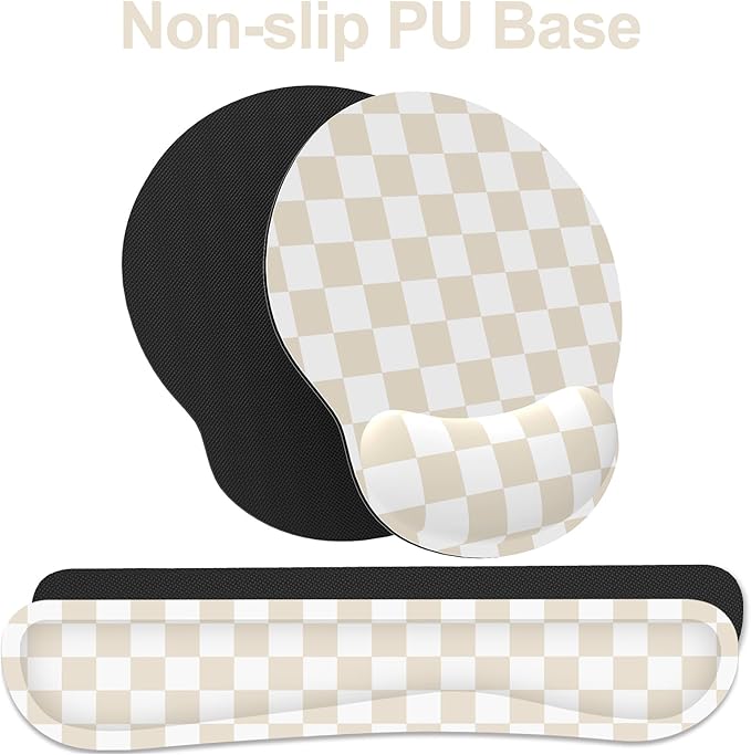 Ergonomic Mouse Pad with Wrist Rest and Keyboard Wrist Rest, Mousepad and Keyboard Pad, Non-Slip Rubber Base, Mouse Pad with Wrist Support for Gaming, Computer, Office, Beige Checkered
