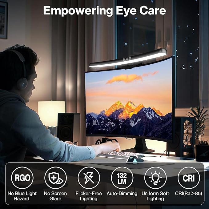 Laliled Monitor Light Bar, Curved Computer Monitor Lamp for Eye Caring LED Dimmable Screen Light Bar, 3 Color Temperature Mode Lights, Touch Control USB Powered Monitor Lamp for Desk/Office/Home/Game