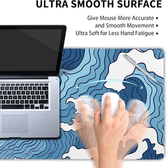 Japanese Blue and White Wave Gaming Mouse Pad XL Anime Sea Texture Extended Large Desk Mat Big Mousepad Non-Slip Rubber Base Stitched Edge Long Desk Pad for Desktop PC Computer Gamer,31.5×11.8 Inch
