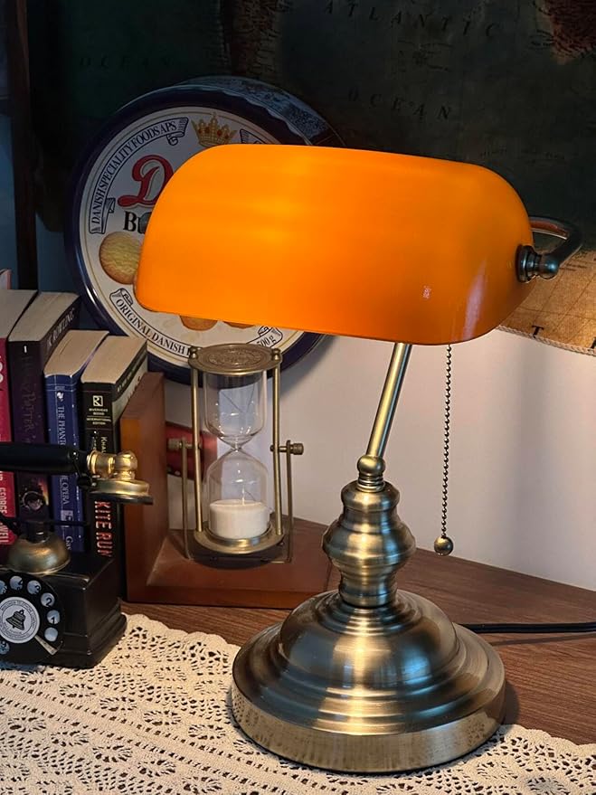 FIRVRE Bankers Desk Lamp with Pull Chain Switch, Amber Glass Shade Desk Lamps, Bronze Base,Vintage Library Lamp for Home Office, Study Room,Piano