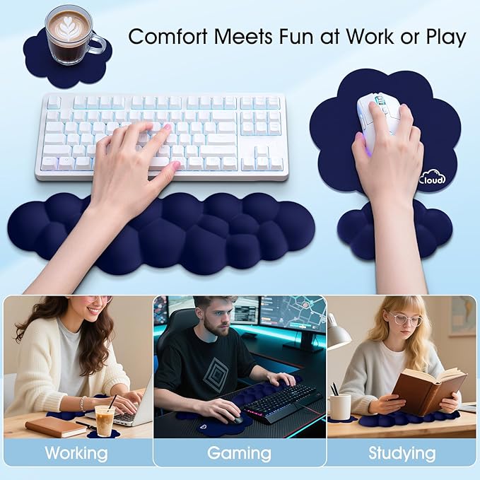 Cloud Wrist Rest Keyboard Cushion, 4-in-1 Ergonomic Cloud Keyboard Wrist Rest and Mouse Pad Set with Memory Foam Arm Support for Palm, Cute Desk Accessory for PC Gaming Setup, Dark Blue