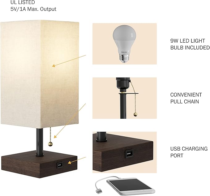 Lavish Home LED Desk Lamp with USB Charging Port - Small Bedside Table Light for Reading - Bedroom, Living or Dining Room, Dorm Decor (Linen/Brown)