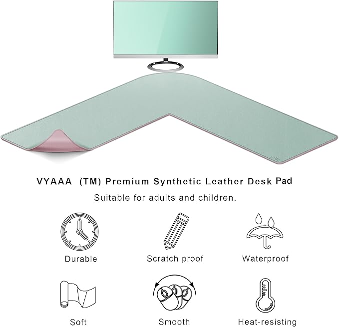 Vyaaa L-Shaped Leather Desk Pad Protector,Large Mouse Pad Corner Desk Mat,Double Sided Desk Blotter for Computer,Laptop,Office or Home,51" x 51"x 15.8",Pink and Green