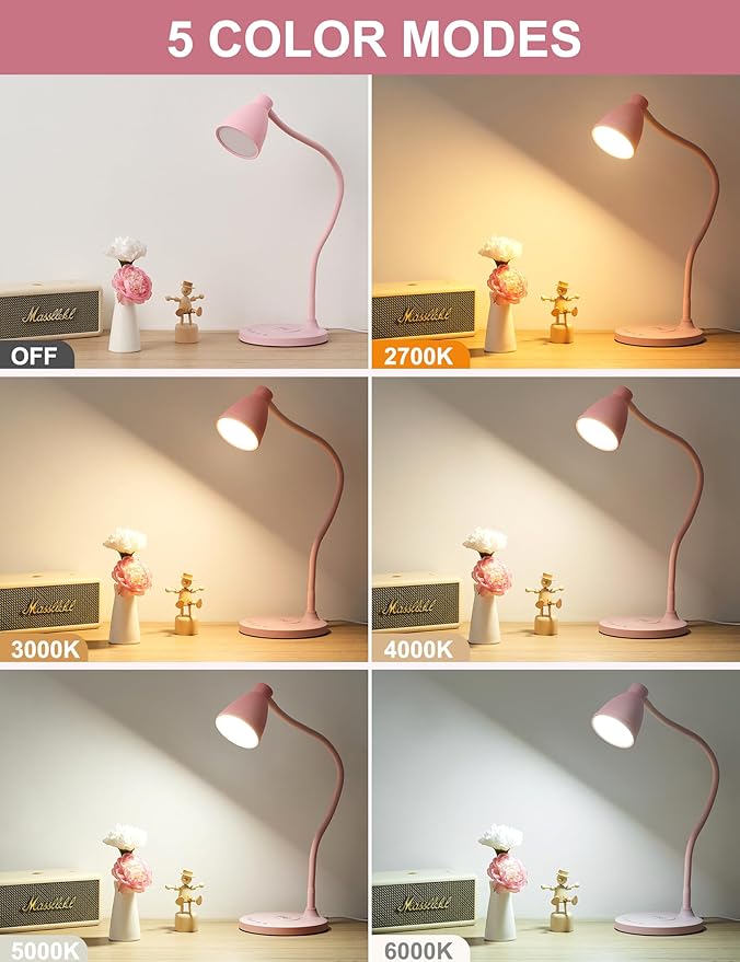 BOHON Cute Pink Aluminum Desk Lamp with USB C+A Charging Ports, Wireless Charger, 5 Colors Stepless Dimming, Touch Control, Memory Function, LED Light for Home Office College Dorm Room