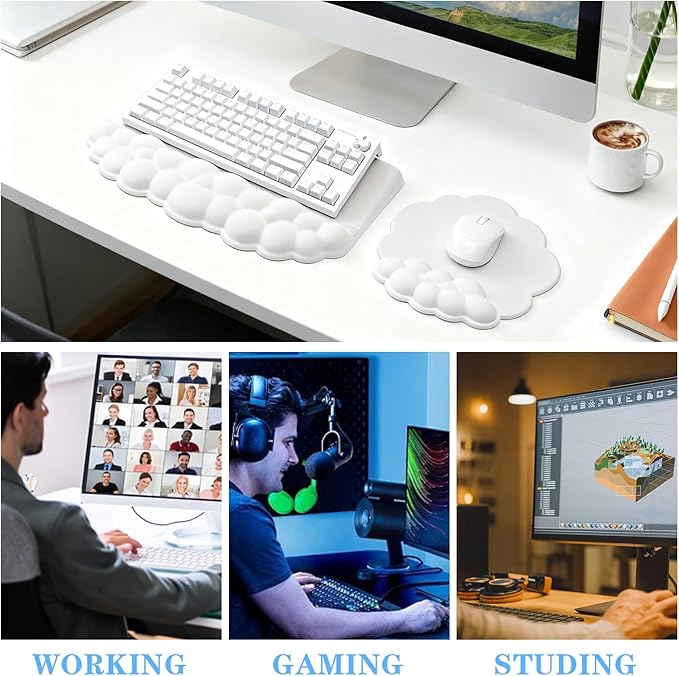Cloud Keyboard and Mouse with Wrist Rest, Ergonomic Tilted Keyboard Stand with Soft Memory Foam Wrist Support Set, Effortless Typing, Comfortable for Office, Work, and Gaming