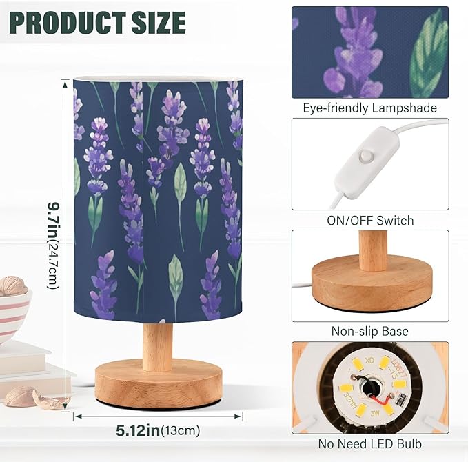 Deep Purple Lavender LED Table Lamp, Bedside Lamp with Linen Lampshade, Flicker-Free Eye Care USB Plug in Nightstand Lamp, for Bedroom and Office