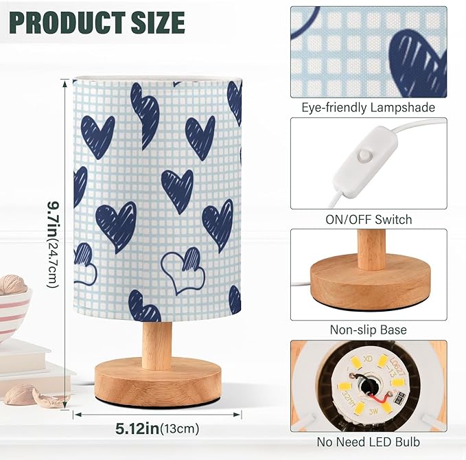 Heart LED Table Lamp, Bedside Lamp with Linen Lampshade, Flicker-Free Eye Care USB Plug in Nightstand Lamp, for Bedroom and Office