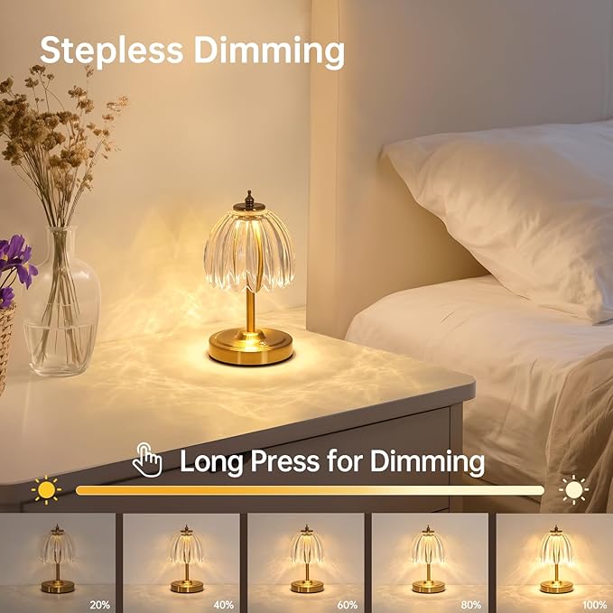Tulip Small Table Lamp, 5200mAh Cordless Touch Control Mini Table Lamp with 3 Color Temps & Stepless Dimming, Perfect for Small Spaces like Dressers, Bedsides, Bookshelves (Transparent Tulip)