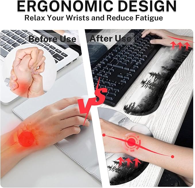 Arttown Mountain Forest Desk Mat Gray Mouse Pad Set 4 in 1 Tree Mist Cloud Ergonomic Design Large Desk Pad + Keyboard Wrist Rest + Mouse Wrist Rest + Coaster Suitable for Home Office Study Game