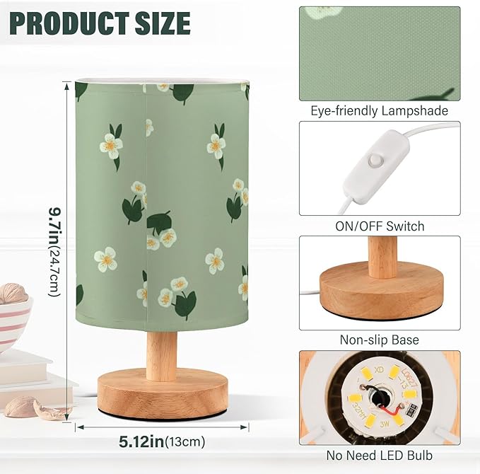 Green Daisy LED Table Lamp, Bedside Lamp with Linen Lampshade, Flicker-Free Eye Care USB Plug in Nightstand Lamp, for Bedroom and Office