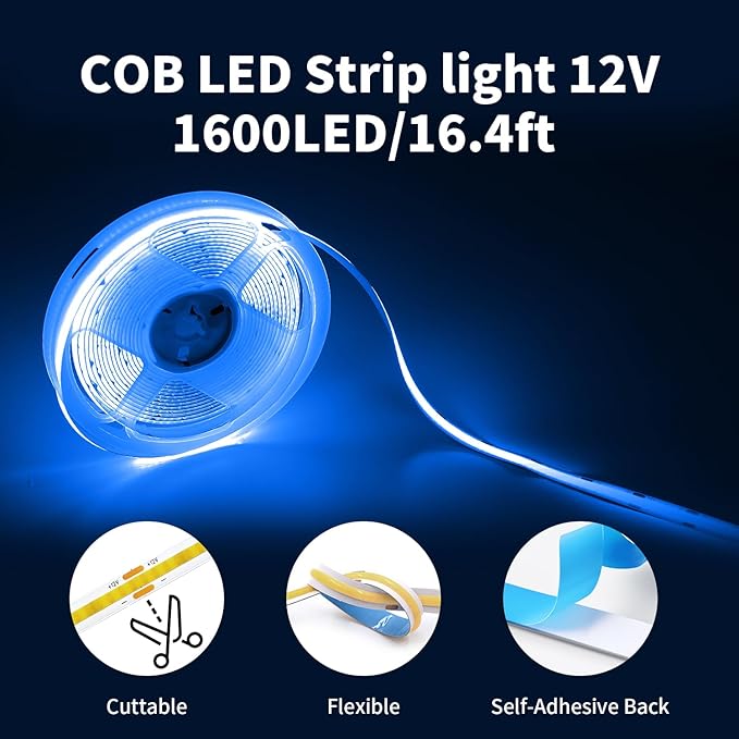 Blue COB LED Strip Light, 5M Cuttable Tape Lights with Power Plug, 1600 LEDs High Bright CRI93+ Flexible Dimmable Light Kit for Teen Boys Bedroom TV Backlight Gaming Room Monitor Kitchen Cabinet Decor