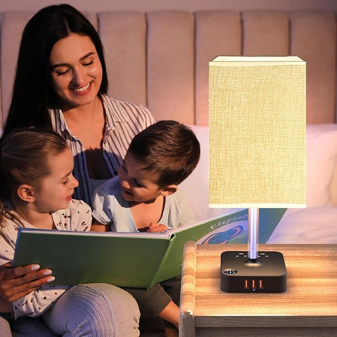 Bedside Table Lamp - Touch 3 Way Dimmable Lamp with 3 USB Charging Ports & 2 AC Outlets, Square Base Rectangular Flaxen Shade, Bedroom, Office, Dorm, Decor, LED Bulb Included (Black-Beige)