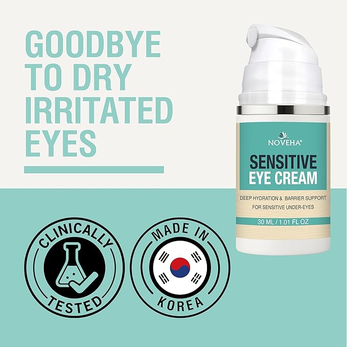 NOVEHA Hydrating Eye Cream for Sensitive Skin, Eye Moisturizer for Dry Eyelids & Around Eye, Vegan Ceramide Eyelid Cream, Anti-Aging Eye Cream for Fine Lines & Puffiness, Fragrance-Free - 1 oz